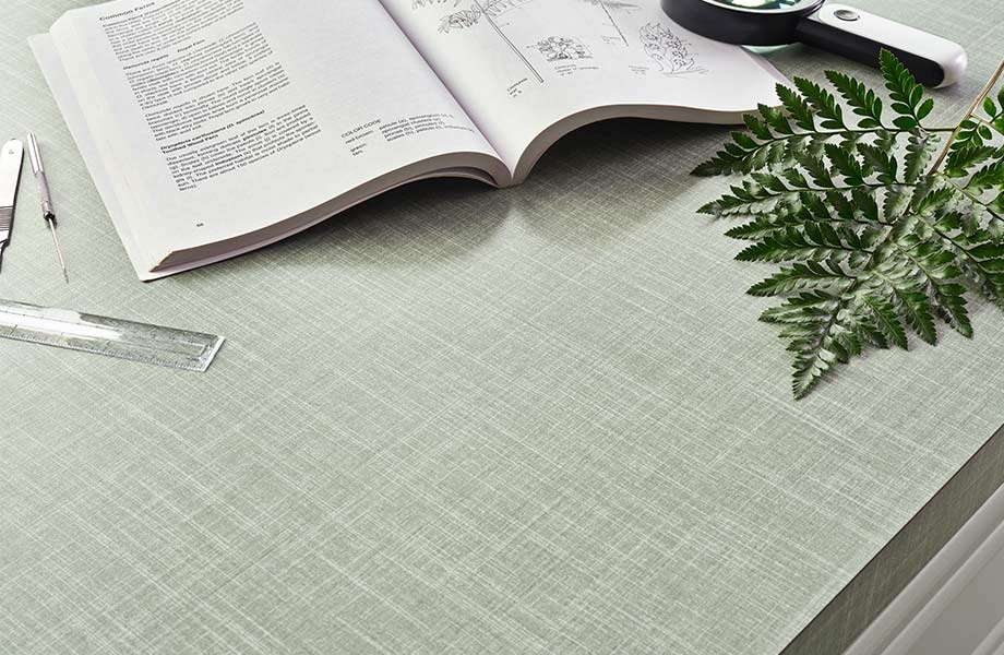 Comptoir vert pâle en stratifié de marque Formica Tissu Palma, sur lequel sont déposés un livre ouvert, une loupe et une branche.